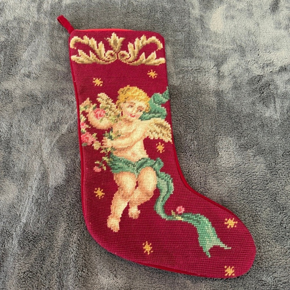 Vintage Imperial Elegance Needlepoint Christmas Stocking Victorian Cherub 1991
